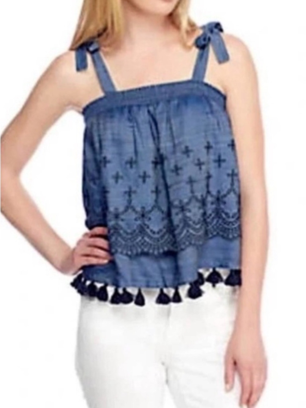 crown & ivy Blue Embroidered Tie-Shoulder Tassel Tank